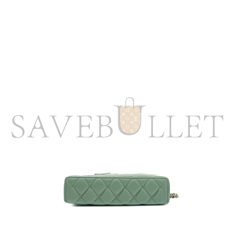 Ch**el MASTER GREEN QUILTED CAVIAR TOP HANDLE LONG VANITY WITH CHAIN PALE GOLD HARDWARE (19.5*17*5cm)